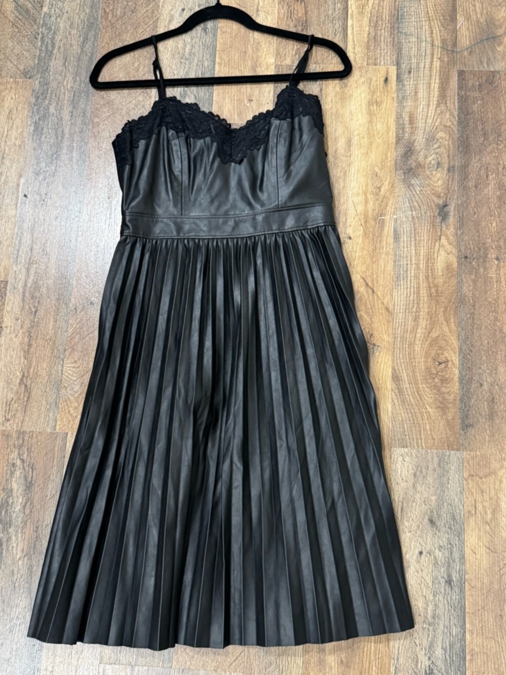 Express Black Faux Leather Slip Dress with Lace Trim